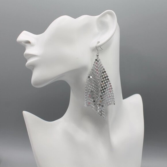 Jewelry earrings mesh statement party occasional drop dangle large silver tone - Picture 4 of 11